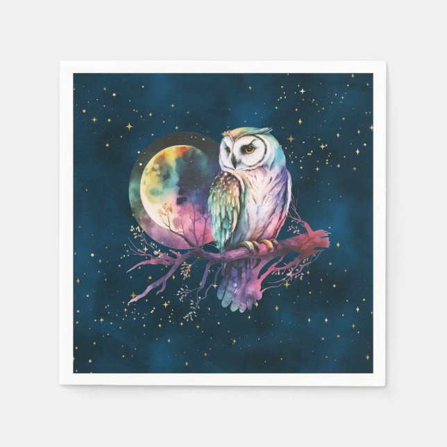 Servilleta De Papel Mystical Rainbow Owl y Full Moon Celestial (Anverso)