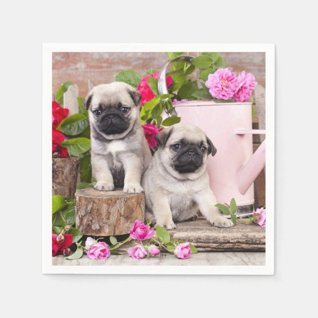 Servilleta De Papel Nacimiento Dulce Bebé Pugs Fiesta Floral (Anverso)