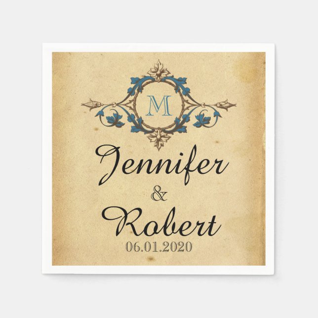 Servilleta De Papel Napkin Boda de monograma de pavo real (Anverso)