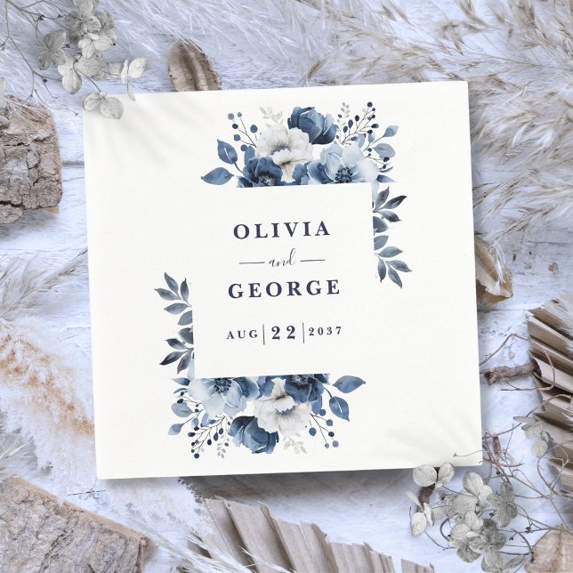 Servilleta De Papel Napkin Boda floral de la Marina Blue Elegant (Navy Blue Elegant Country Floral Wedding Napkin)
