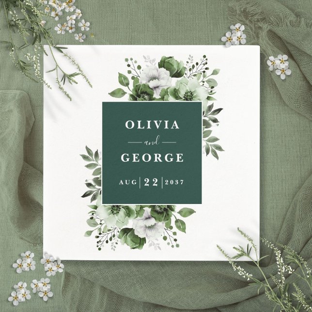 Servilleta De Papel Napkin Boda floral elegante verde esmeralda (Emerald Green Elegant Floral Wedding Napkin)