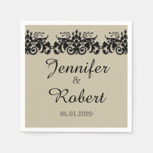 Servilleta De Papel Napkin Boda Grabado en relieve floral negro y crem