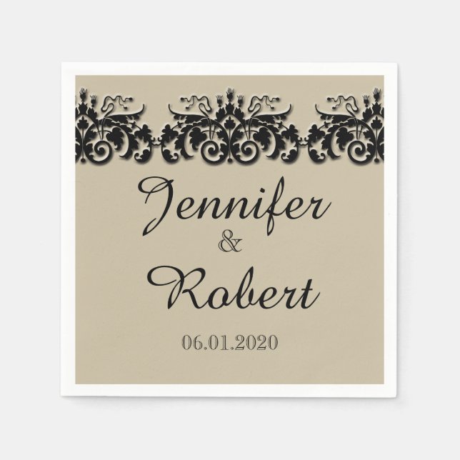 Servilleta De Papel Napkin Boda Grabado en relieve floral negro y crem (Anverso)