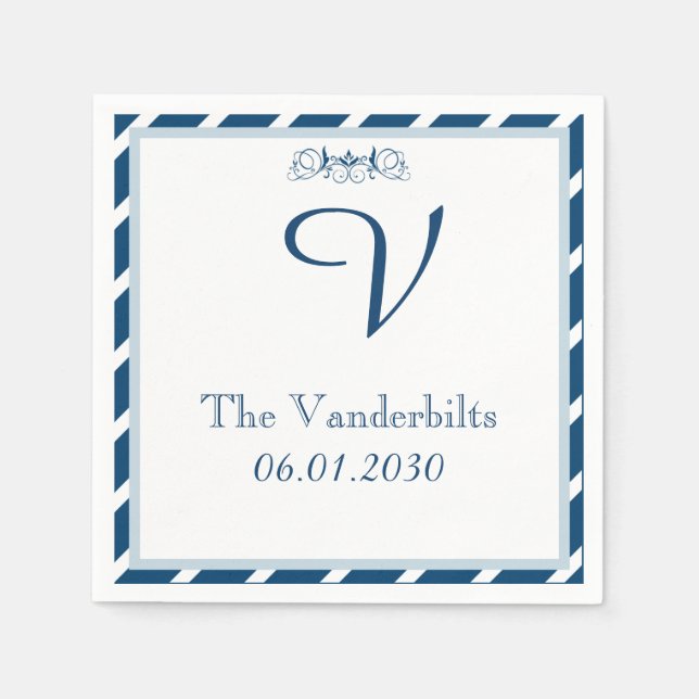 Servilleta De Papel Napkin Boda Monograma de la Marina y la Banda Blan (Anverso)