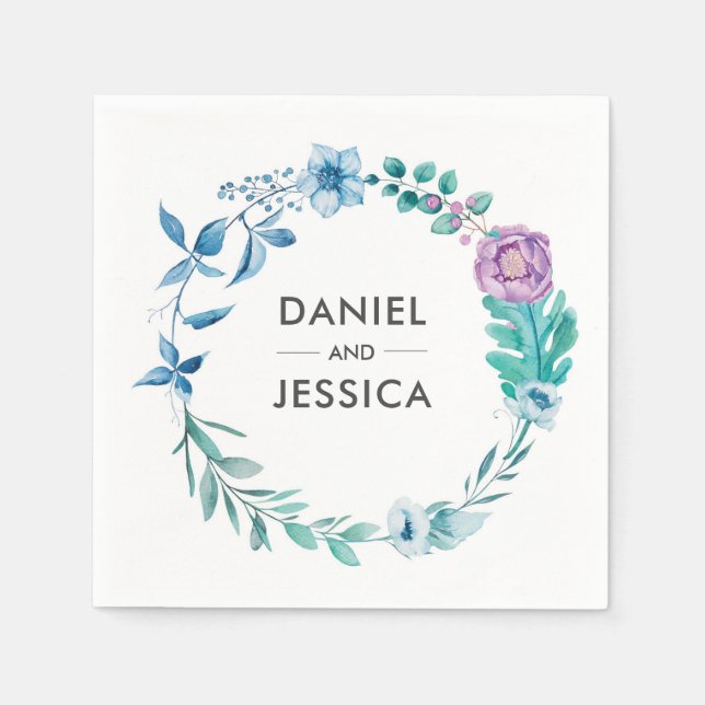 Servilleta De Papel Napkin Boda personalizado | flores moradas azules (Anverso)