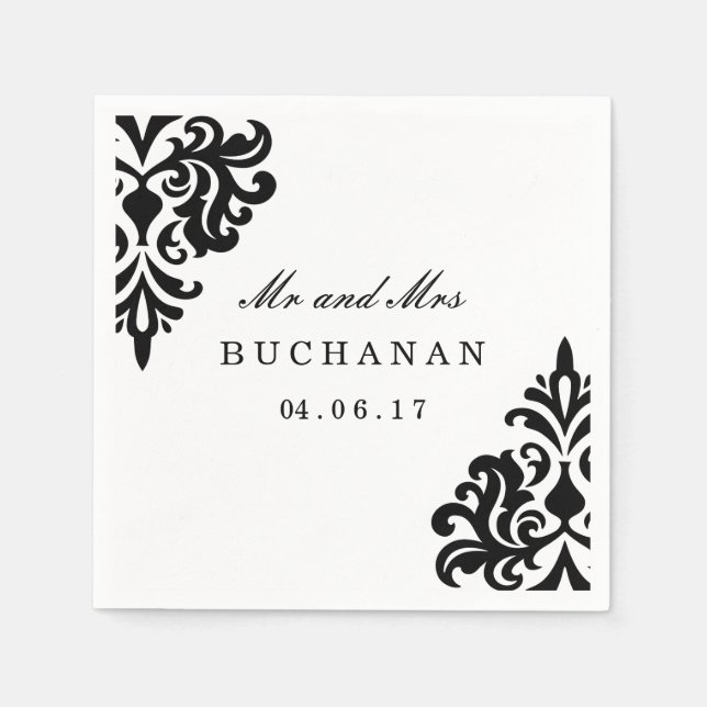 Servilleta De Papel Napkin Damask blanco y negro de personalizable (Anverso)