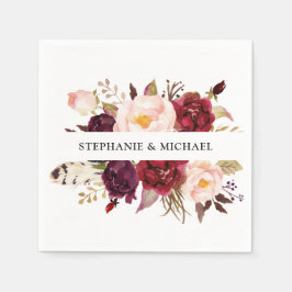 Servilleta De Papel Napkin de papel de boho de floral roja borgoñona