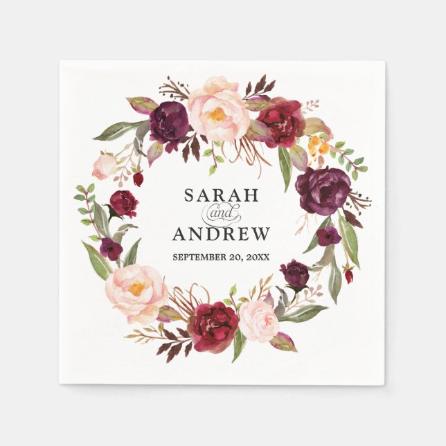 Servilleta De Papel Napkin de papel de boho de floral roja borgoñona (Anverso)