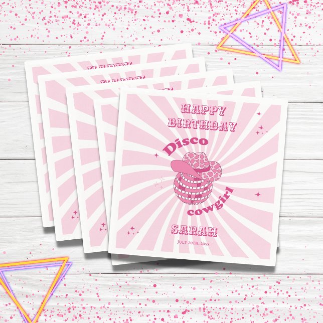 Servilleta De Papel Napkin de papel de fiesta de cumpleaños de Cowgirl (Disco Cowgirl Napkin with name and date, pink)