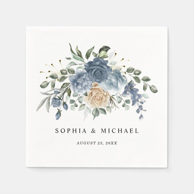 Servilleta De Papel Napkin, Elegant Dusty Blue Floral Wedding (Anverso)