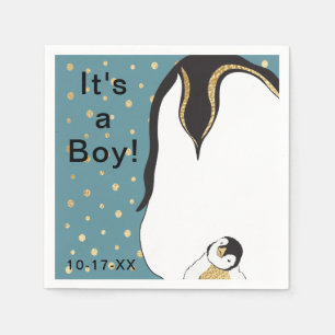 Servilleta De Papel Napkin estándar Baby Shower "Pingüino dorado/azu