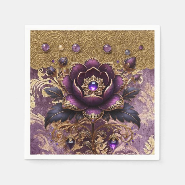 Servilleta De Papel Napkin floral Regal Purple & Gold Jewled (Anverso)