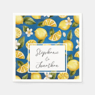 Servilleta De Papel Napkin Italia Blue Watercolor Lemon Calligraphy