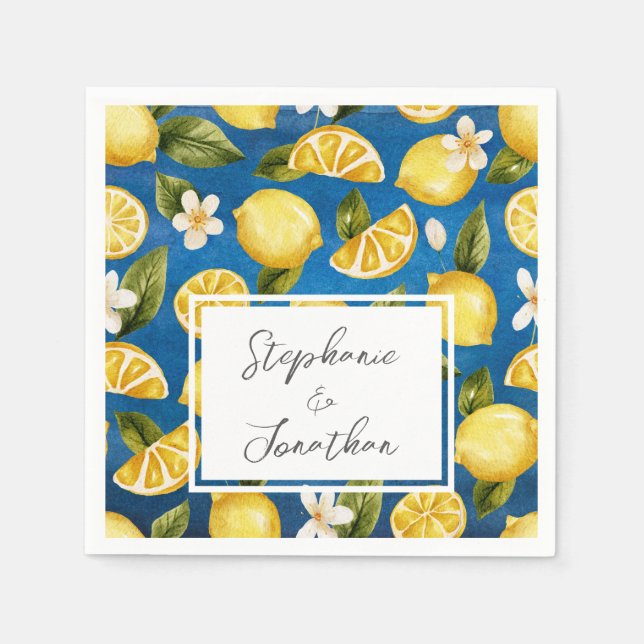 Servilleta De Papel Napkin Italia Blue Watercolor Lemon Calligraphy (Anverso)