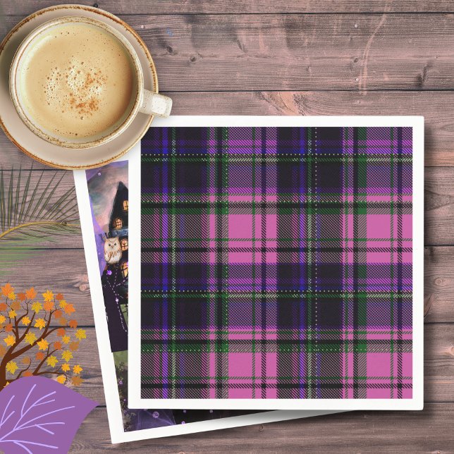 Servilleta De Papel Napkin morado y rosado de Halloween (Purple & Pink Plaid Halloween Napkin)