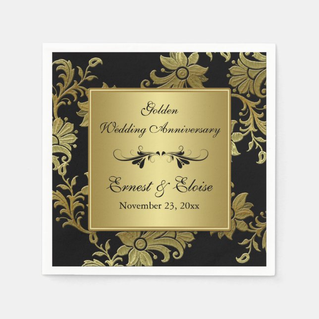 Servilleta De Papel Napkins Black, Gold Golden Boda Aniversario (Anverso)