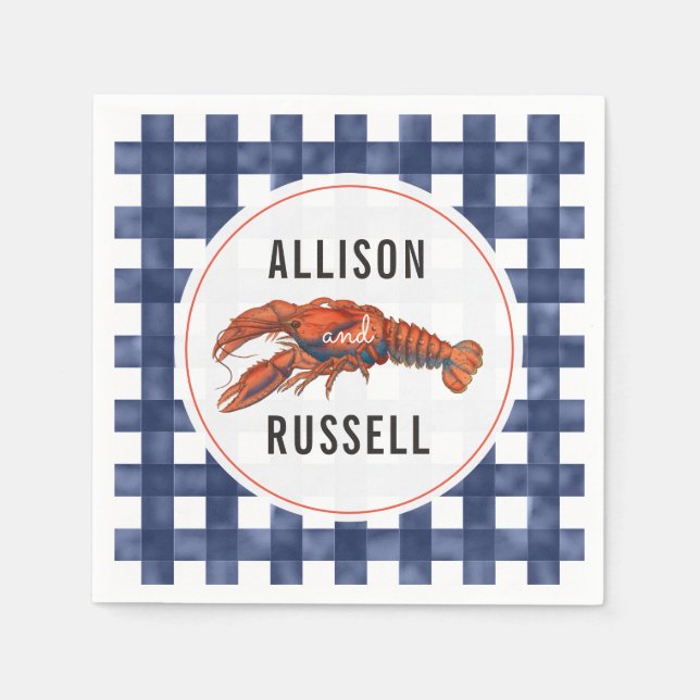 Servilleta De Papel Napkins Boda de Blue Gingham Lobster (Anverso)