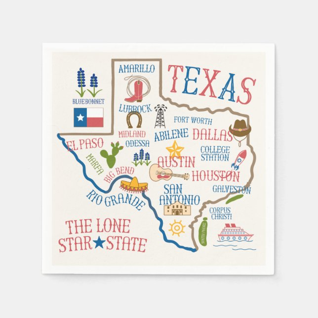 Servilleta De Papel Napkins de mapas de lugares de interés de Texas (Anverso)