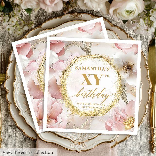 Servilleta De Papel Napkins Gold con flor rosada personalizada (Personalized Pink Floral Birthday Napkins Gold)
