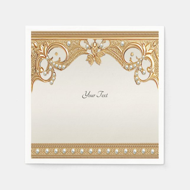 Servilleta De Papel Napkins Gold Ornate White Pearls (Anverso)