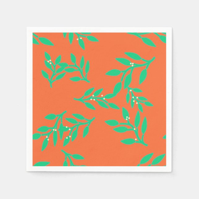 Servilleta De Papel Nápoles con bayas y hojas sobre Naranja (Anverso)