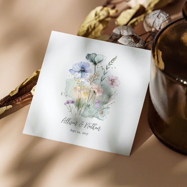 Servilleta De Papel Nápoles de Boda blanco con flores silvestres acuát (White Wedding Napkins with Watercolor Wildflowers Personalized)