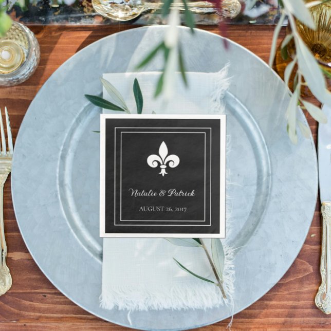 Servilleta De Papel Nápoles de papel Boda de Black Fleur de Lis (Black Fleur de Lis Wedding Paper Napkins)