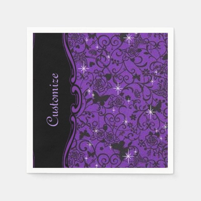 Servilleta De Papel Nápoles florales Sparkly Black & Purple Butterfly (Anverso)