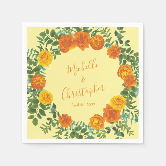 Servilleta De Papel Naranja amarillo Boda Rosas florales (Anverso)