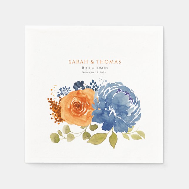 Servilleta De Papel Naranja azul de la marina Terracotta Boho Floral (Anverso)