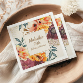Servilleta De Papel Naranja Borgoña Floral Gold Purpurina 75 cumpleaño