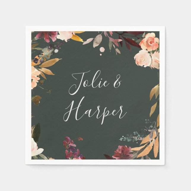 Servilleta De Papel Naranja Borgoña Floral | Toallas verdes Bodas (Anverso)