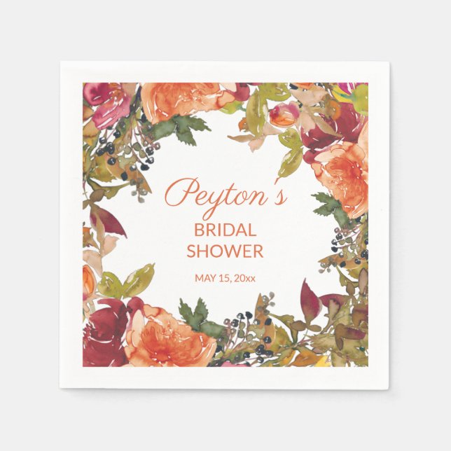 Servilleta De Papel Naranja Burgundy Rust Floral Bridal Shower (Anverso)