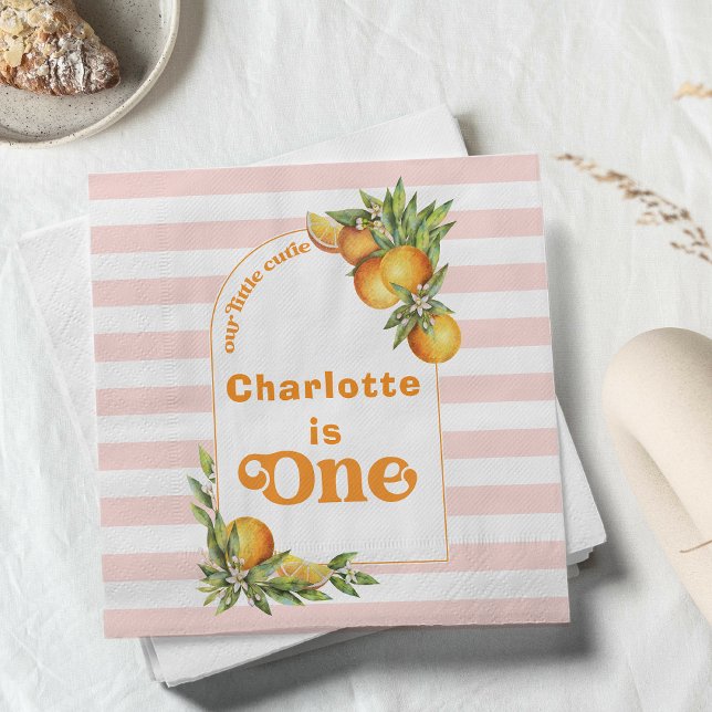 Servilleta De Papel Naranja Citrus Little Cutie Primer Papel de Cumple (Editable Our Little Cutie Birthday Paper Napkin Girls Clementine Oranges Birthday Party Arch Napkin)