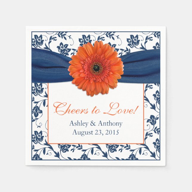 Servilleta De Papel Naranja Daisy Navy Blue Damask Boda personalizada (Anverso)