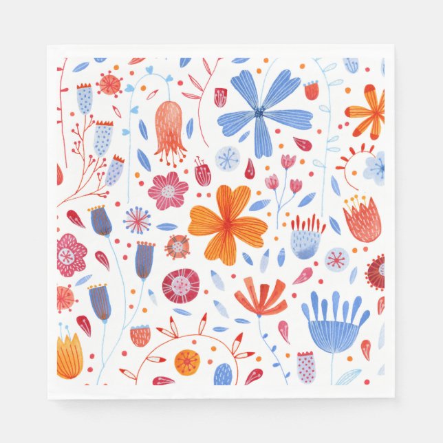 Servilleta De Papel Naranja de acuarela floral azul (Anverso)