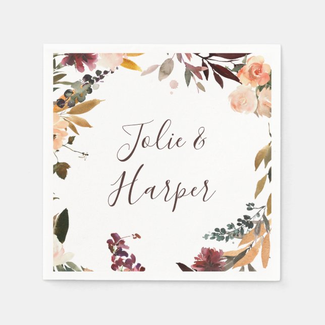 Servilleta De Papel Naranja de Borgoña Boda Floral Napkins (Anverso)