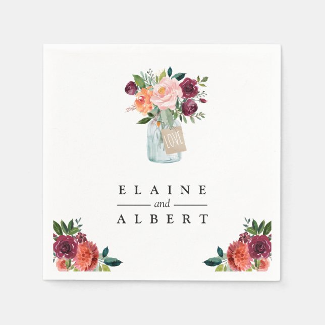 Servilleta De Papel Naranja de Borgoña Flores Mason Jar Papel Boda (Anverso)