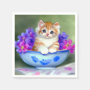 Servilleta De Papel Naranja de época y Ilustracion de gatito blanco