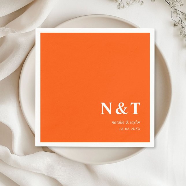 Servilleta De Papel Naranja de Monogramo (Monogram, modern, simple, elegant orange napkins, with your names and date.)