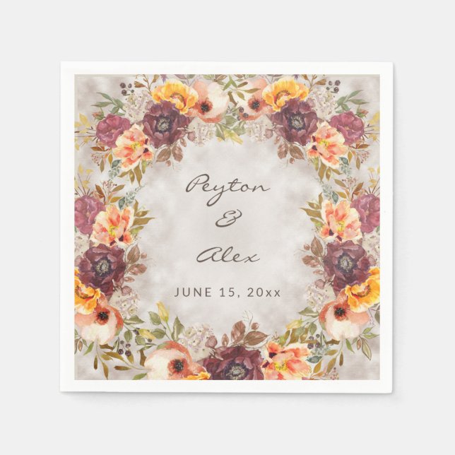 Servilleta De Papel Naranja elegante otoño borgoña Boda (Anverso)