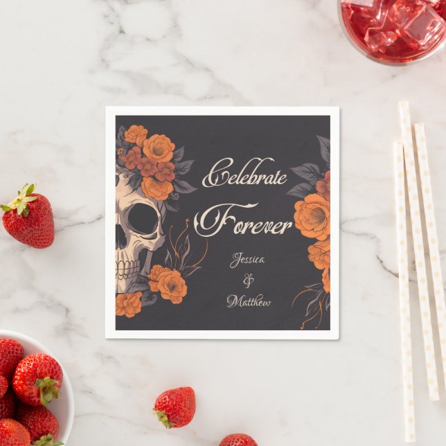 Servilleta De Papel Naranja Flores Skull Elegant Cocktail (In situ)