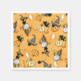 SERVILLETA DE PAPEL NARANJA HALLOWEEN PUMPKINS Y GATOS NEGROS