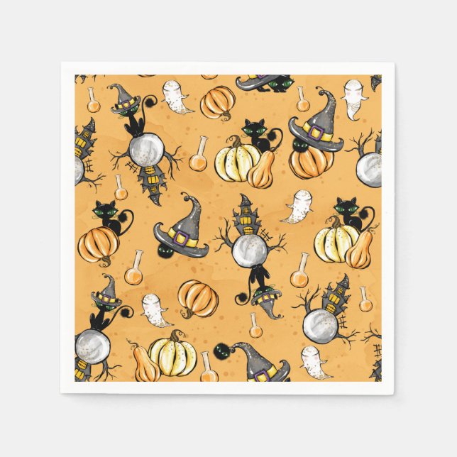 SERVILLETA DE PAPEL NARANJA HALLOWEEN PUMPKINS Y GATOS NEGROS (Anverso)