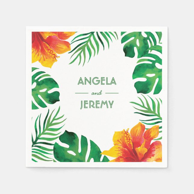 Servilleta De Papel Naranja Hibiscus y Boda de hojas tropicales 2 (Anverso)