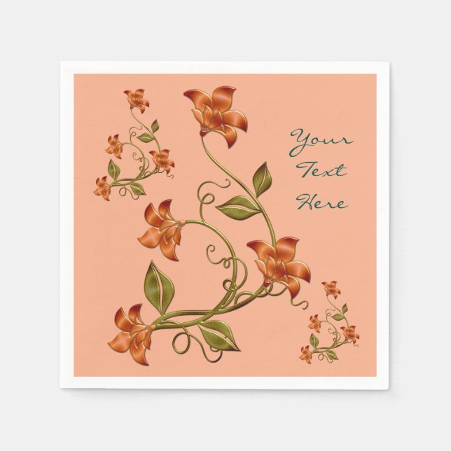 Servilleta De Papel Naranja Lillies Patrón Floral Peach Napkins (Anverso)