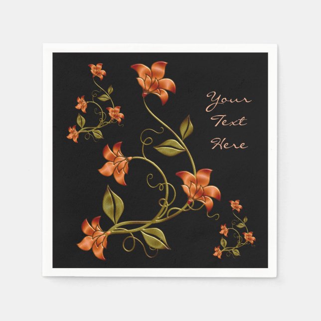 Servilleta De Papel Naranja Lillies Patrón floral Ropa negra (Anverso)