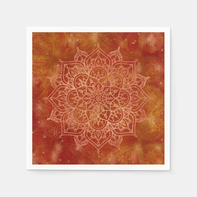 Servilleta De Papel Naranja Mandala y Glam Moderno Dorado Chic (Anverso)