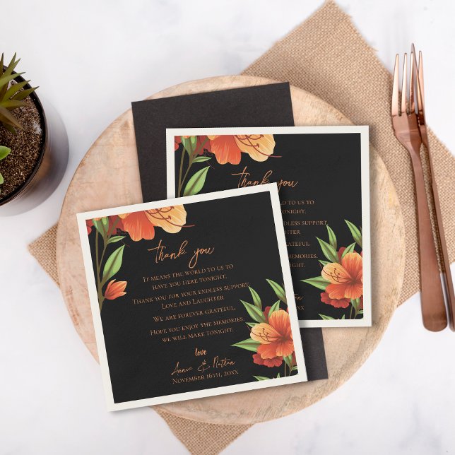 Servilleta De Papel Naranja oscuro Boda floral Gracias mensaje (Dark Orange Floral Wedding Thank you Message Napkins)