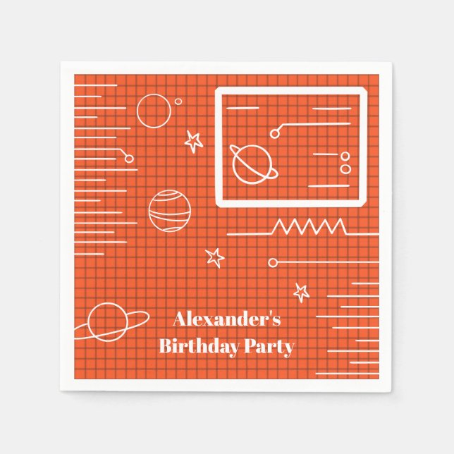 Servilleta De Papel Naranja Pantalla Espacial Tema Cumpleaños (Anverso)